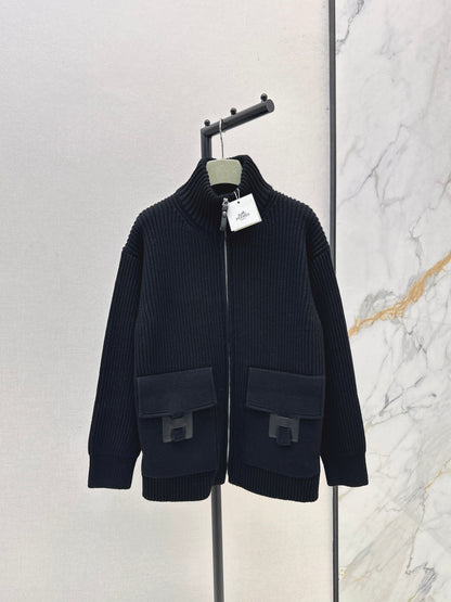 He 25 Mid-length cashmere knitted zip-up jacket(100% cashmere BEIGI/BLACK)