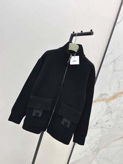 He 25 Mid-length cashmere knitted zip-up jacket(100% cashmere BEIGI/BLACK)