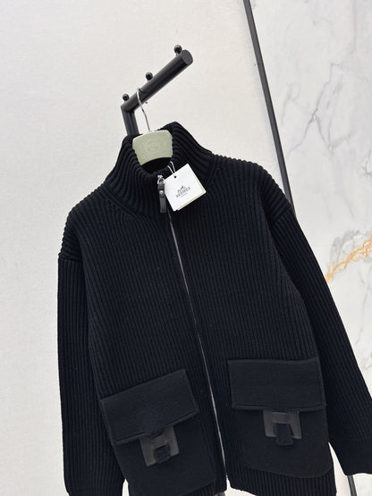 He 25 Mid-length cashmere knitted zip-up jacket(100% cashmere BEIGI/BLACK)