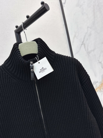 He 25 Mid-length cashmere knitted zip-up jacket(100% cashmere BEIGI/BLACK)