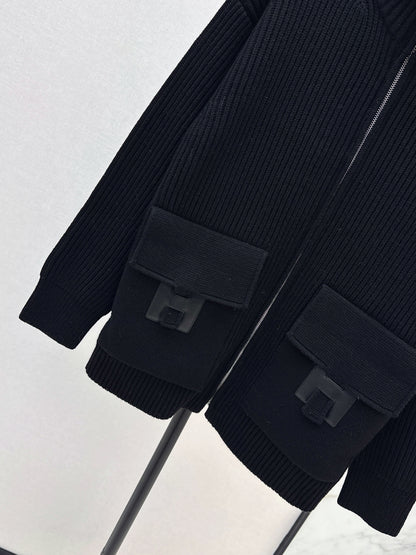He 25 Mid-length cashmere knitted zip-up jacket(100% cashmere BEIGI/BLACK)