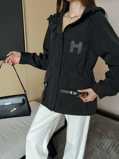 He 25fw Workwear style hooded windbreaker jacket(WHITE/BLACK)