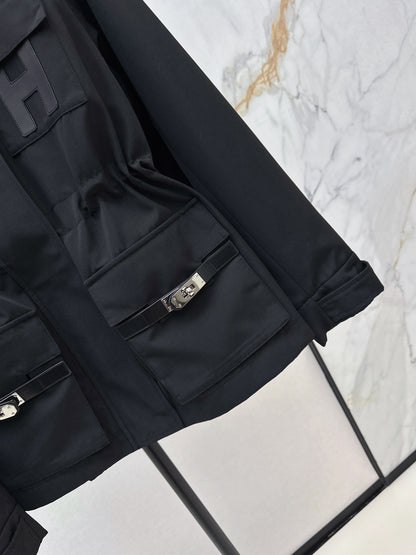He 25fw Workwear style hooded windbreaker jacket(WHITE/BLACK)