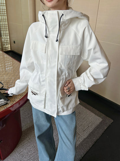 He 25fw Workwear style hooded windbreaker jacket(WHITE/BLACK)