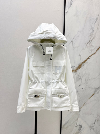 He 25fw Workwear style hooded windbreaker jacket(WHITE/BLACK)