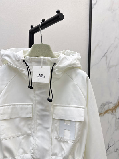 He 25fw Workwear style hooded windbreaker jacket(WHITE/BLACK)