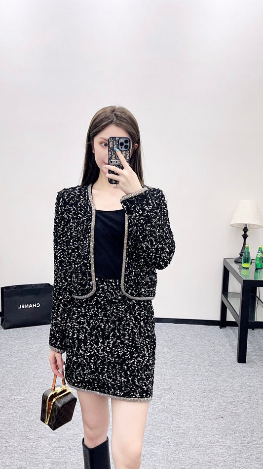 C 25 Rhinestone tied edge knitted cardigan half skirt set