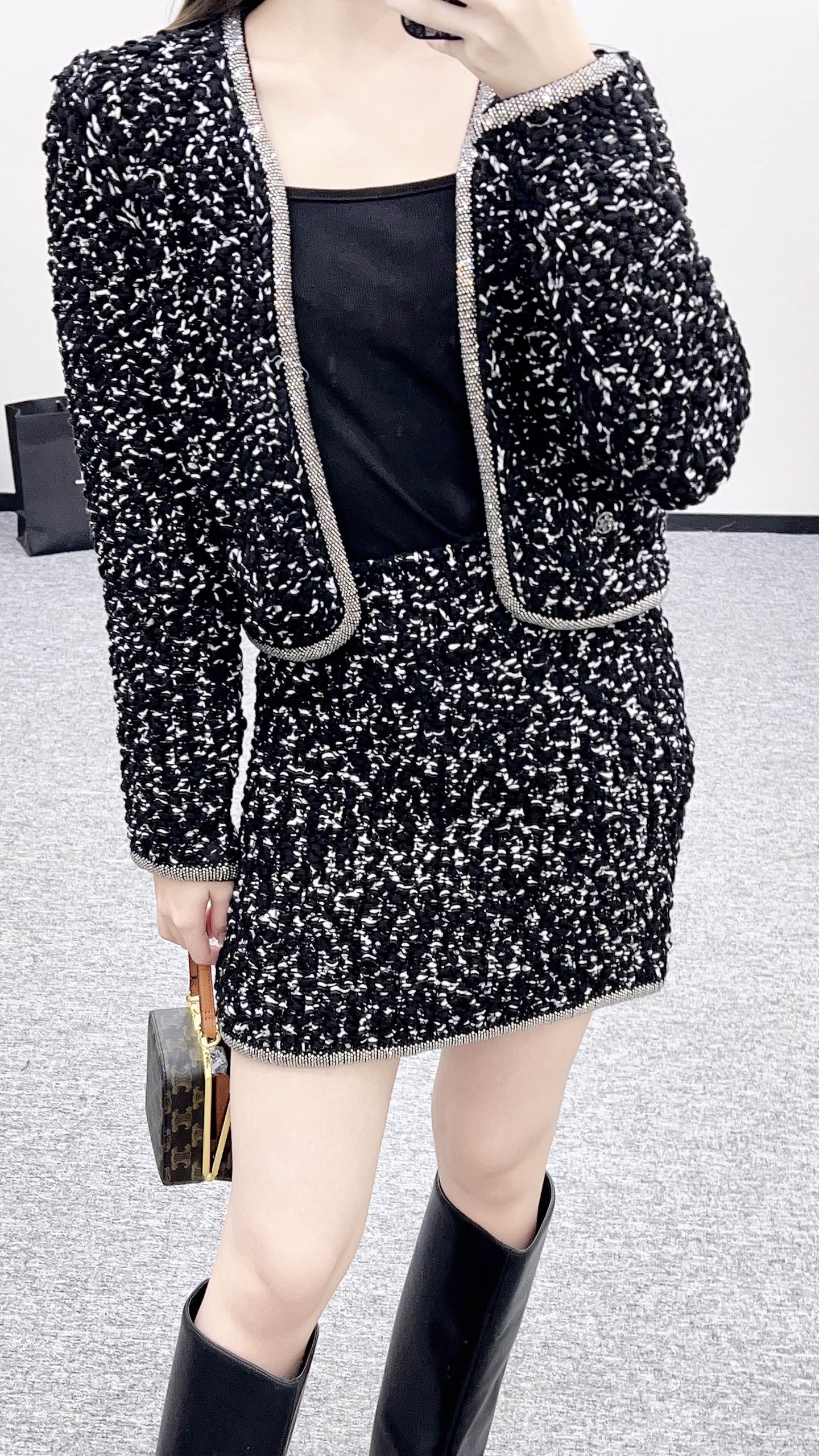C 25 Rhinestone tied edge knitted cardigan half skirt set