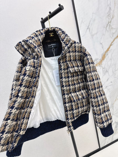 C 25 New fall/winter ski tweed plaid stand-collar down jacket