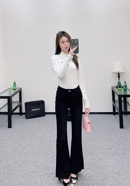 C 25 Diamond-studded high-waisted slim-fitting raw-edge flared jeans