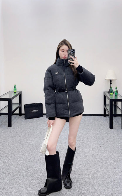 Pr 25 Stand up collar, waist belt, down wool jacket