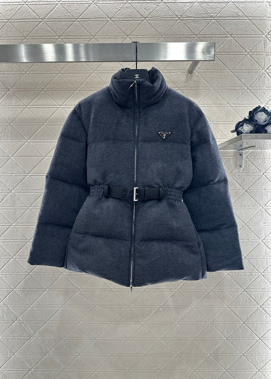 Pr 25 Stand up collar, waist belt, down wool jacket