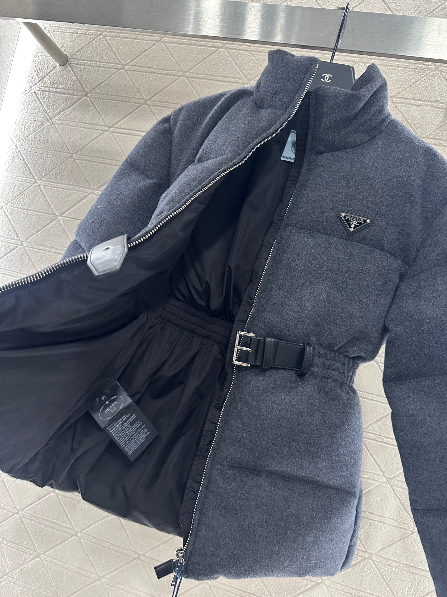 Pr 25 Stand up collar, waist belt, down wool jacket