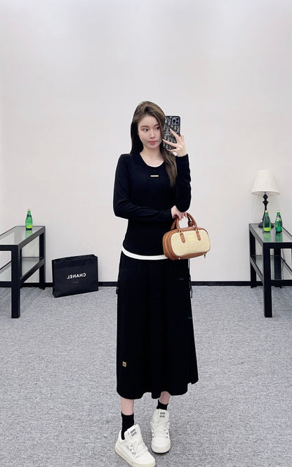 Mi 25 Fake two round neck long sleeved+half skirt set