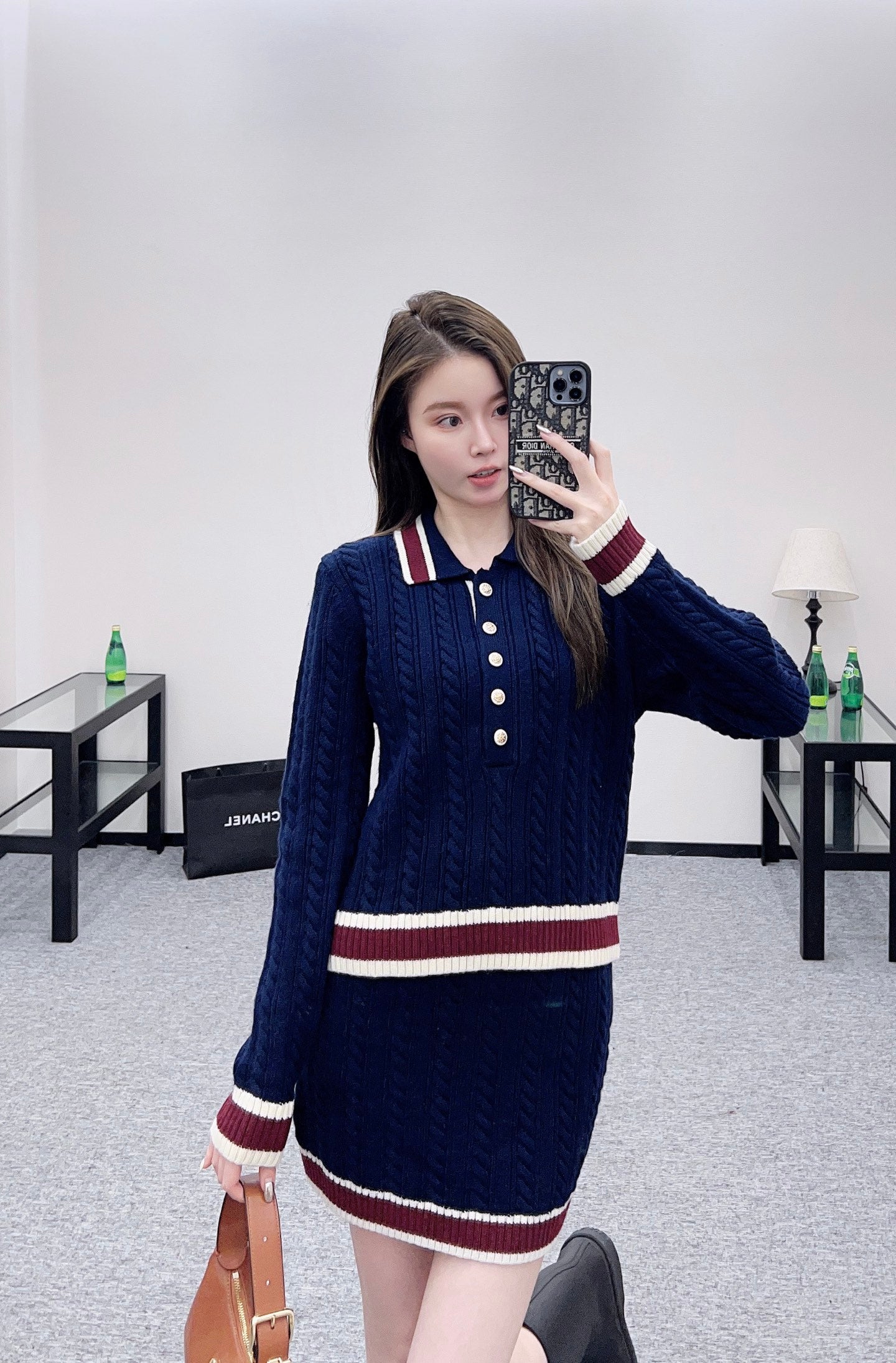 Mi 25 Collar Knitted Top, Short Skirt, Cashmere Set