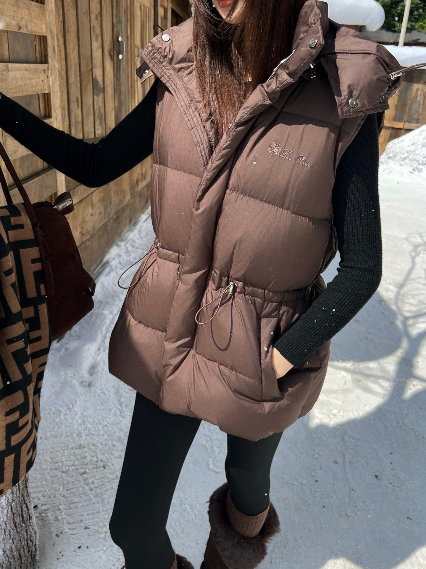 Lor 25 New drawstring waistband down vest jacket(BLACK/BROWN)