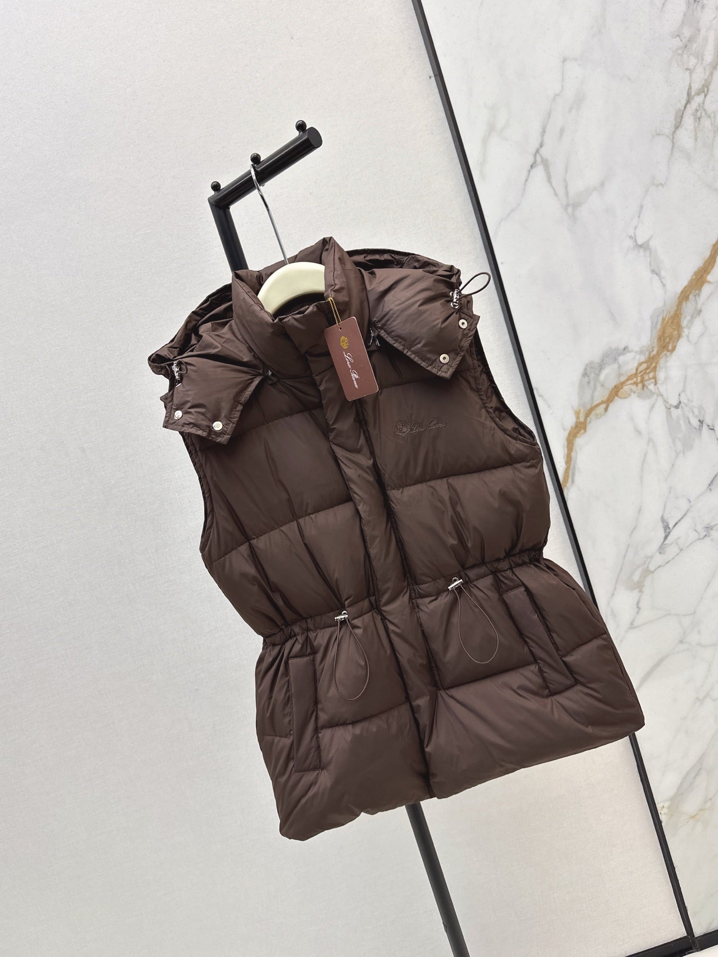 Lor 25 New drawstring waistband down vest jacket(BLACK/BROWN)