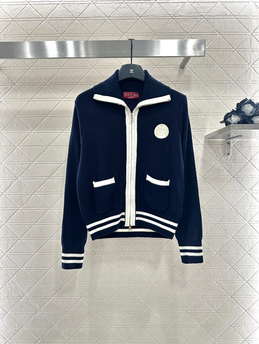 Guc 25 Zipper knitted wool cardigan(NAVY/BEIGI)