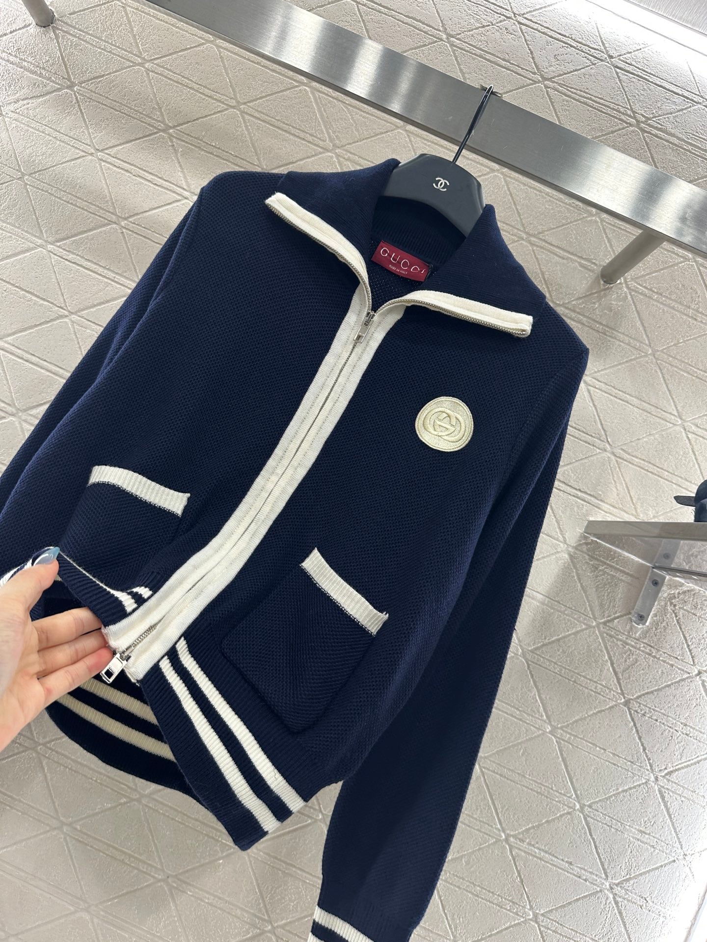 Guc 25 Zipper knitted wool cardigan(NAVY/BEIGI)