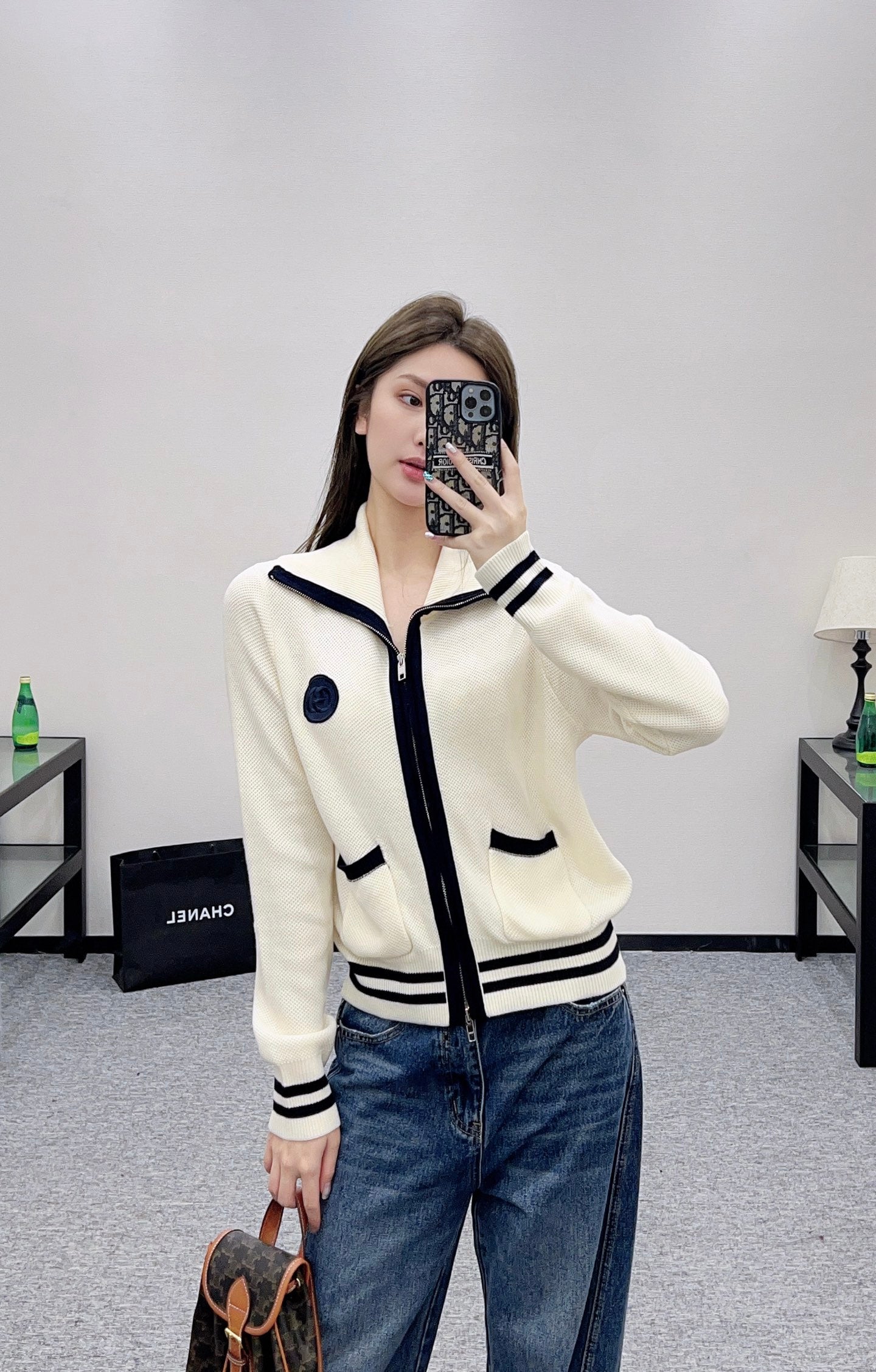 Guc 25 Zipper knitted wool cardigan(NAVY/BEIGI)