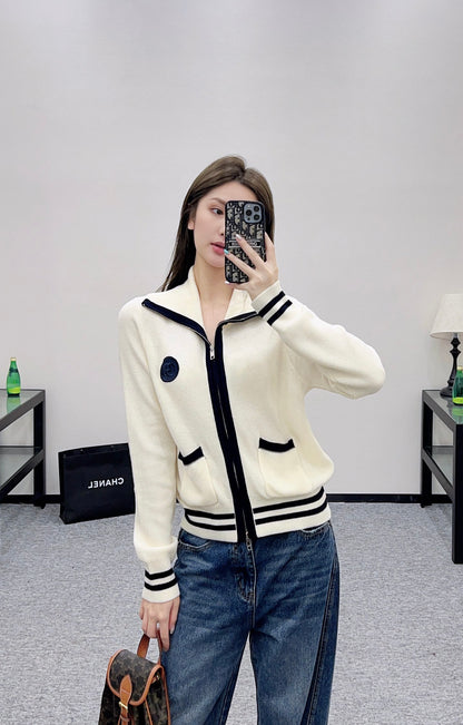 Guc 25 Zipper knitted wool cardigan(NAVY/BEIGI)