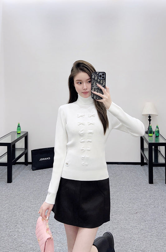 C 25 Bow tie high neck long sleeved sweater(WHITE/BLACK)