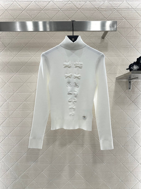 C 25 Bow tie high neck long sleeved sweater(WHITE/BLACK)