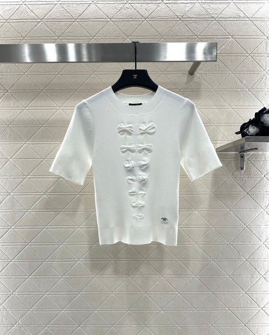 C 25 Bow tie round neck short sleeved sweater(WHITE/BLACK)