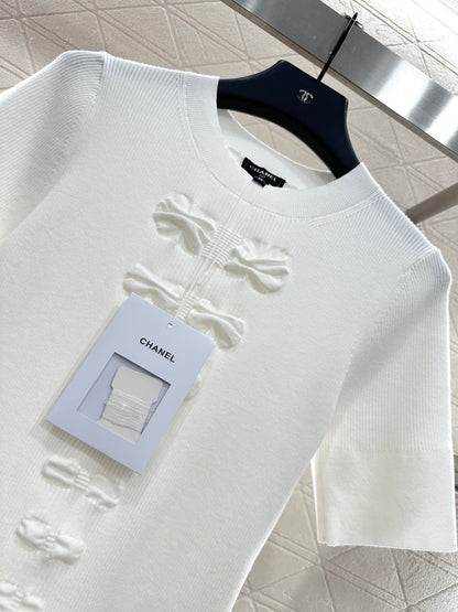 C 25 Bow tie round neck short sleeved sweater(WHITE/BLACK)