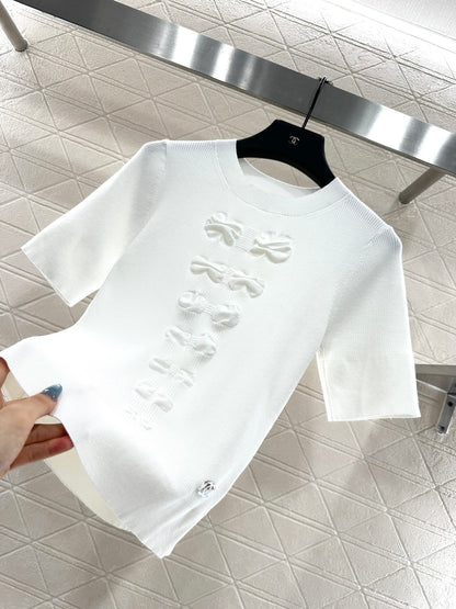 C 25 Bow tie round neck short sleeved sweater(WHITE/BLACK)