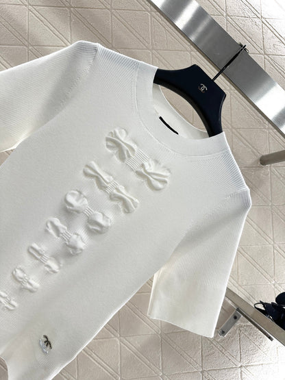 C 25 Bow tie round neck short sleeved sweater(WHITE/BLACK)