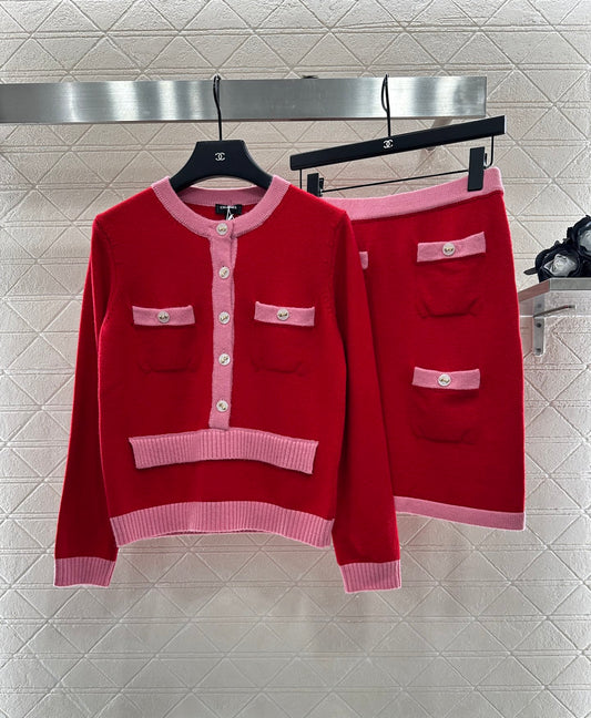 C 25 Pocket knitted cashmere long sleeved+short skirt set