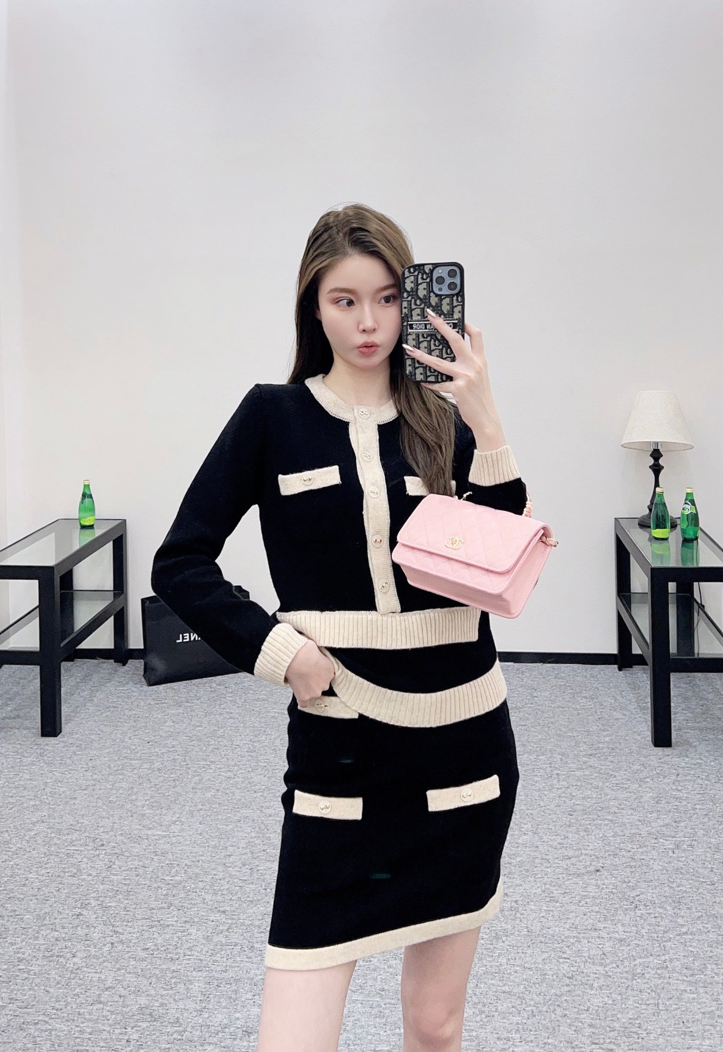 C 25 Pocket knitted cashmere long sleeved+short skirt set