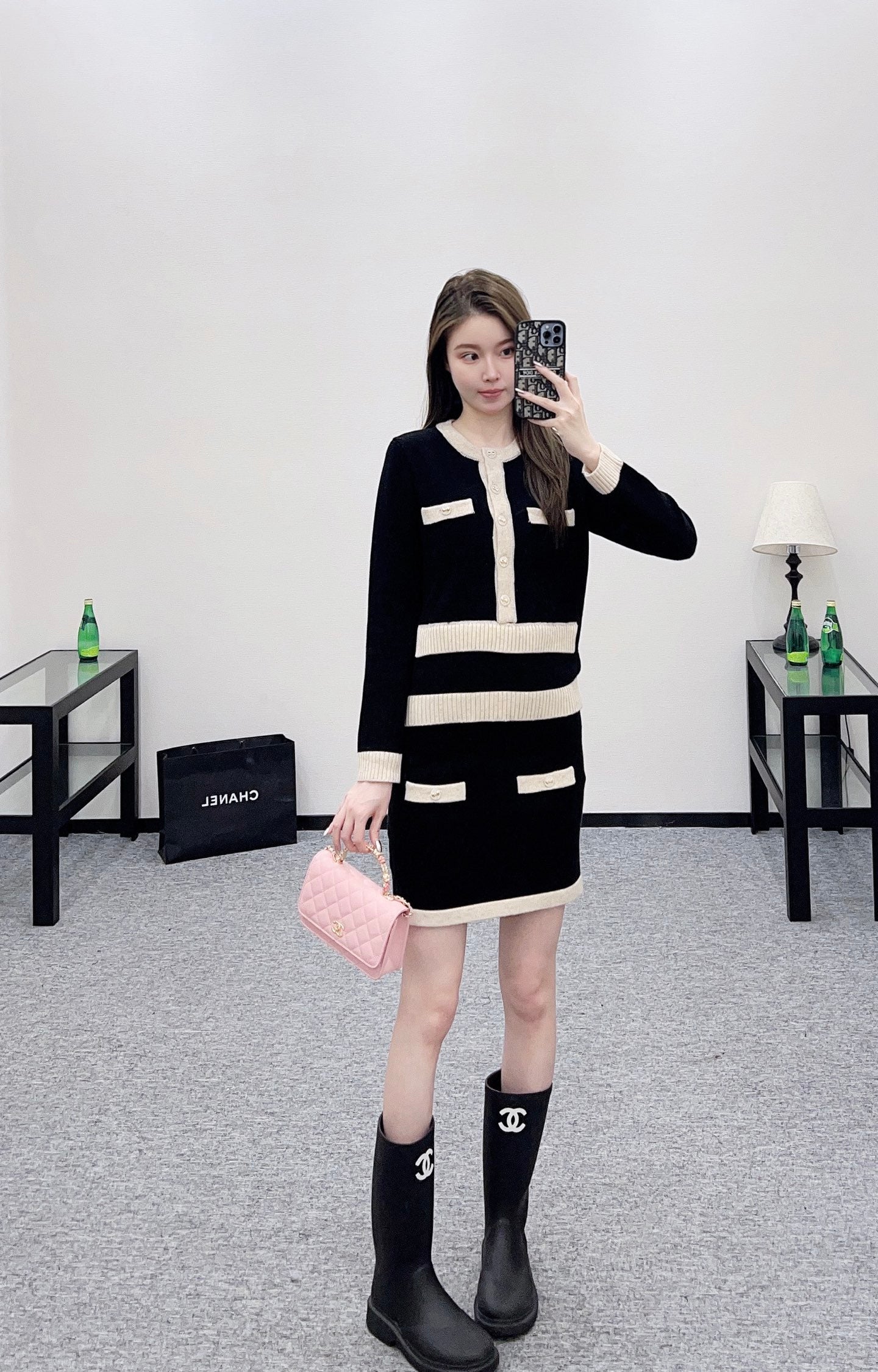 C 25 Pocket knitted cashmere long sleeved+short skirt set