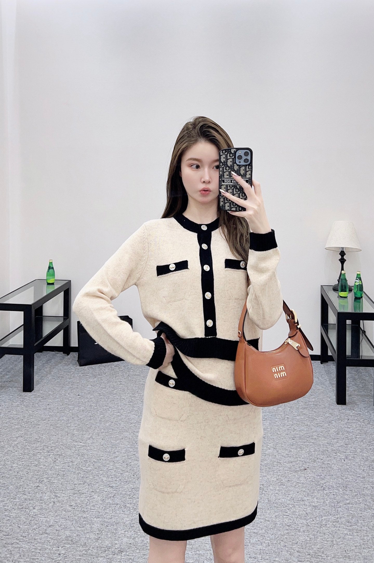 C 25 Pocket knitted cashmere long sleeved+short skirt set