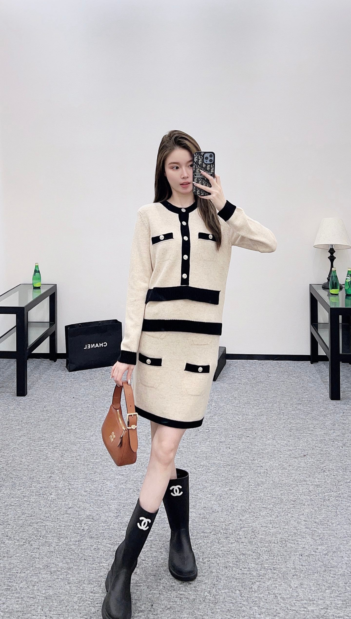C 25 Pocket knitted cashmere long sleeved+short skirt set