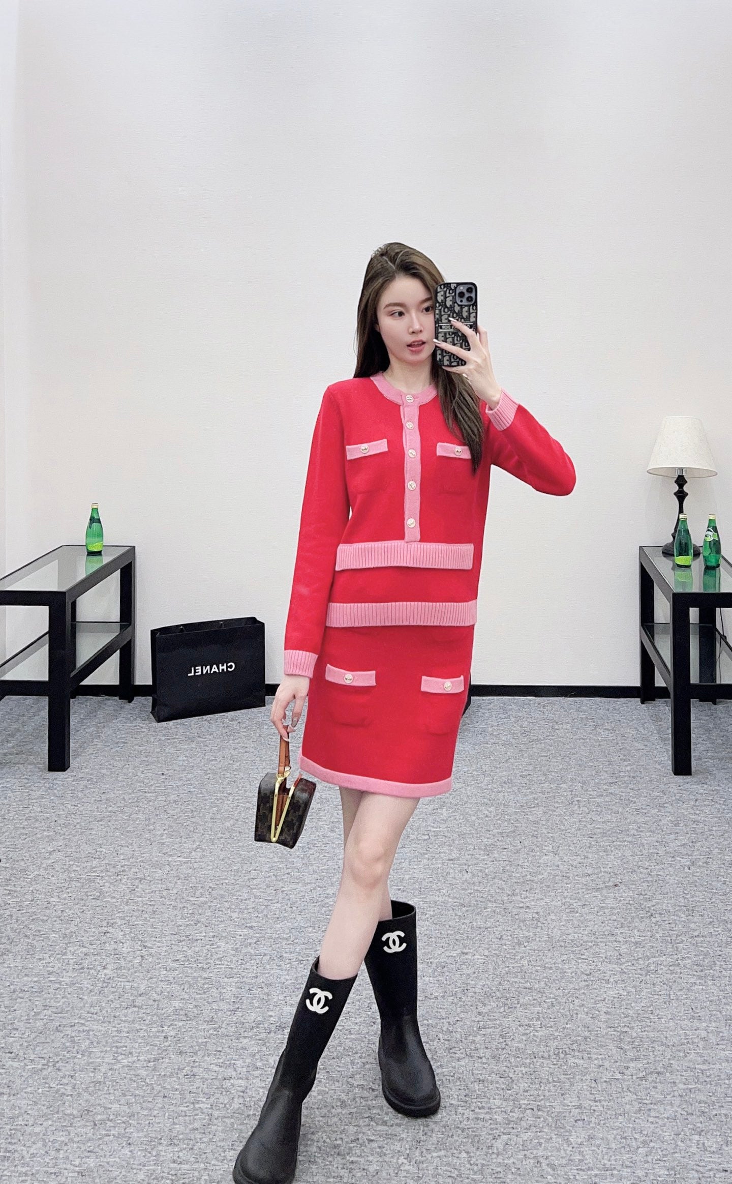 C 25 Pocket knitted cashmere long sleeved+short skirt set