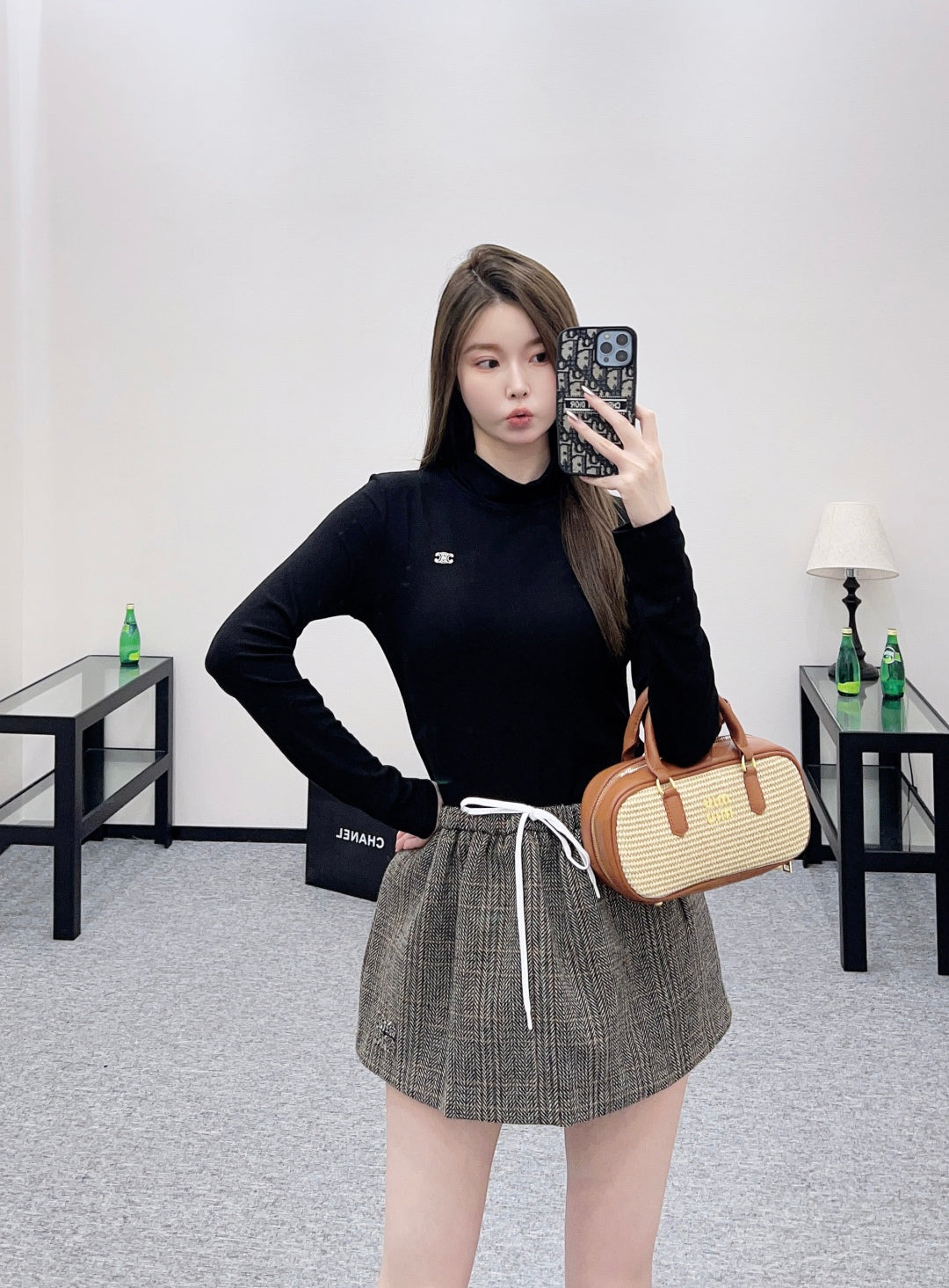 Mi 25 Plaid drawstring imitation wool mini skirt