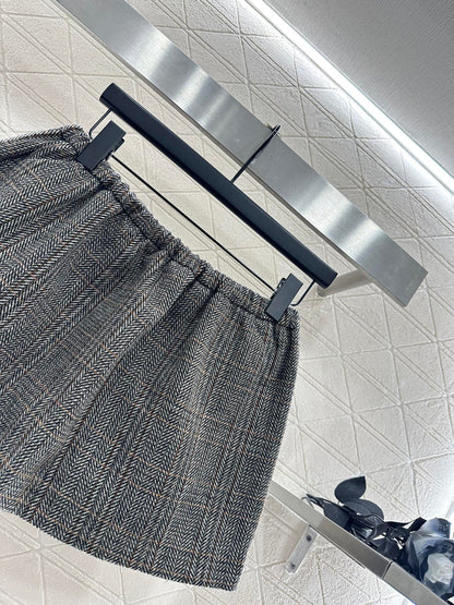 Mi 25 Plaid drawstring imitation wool mini skirt