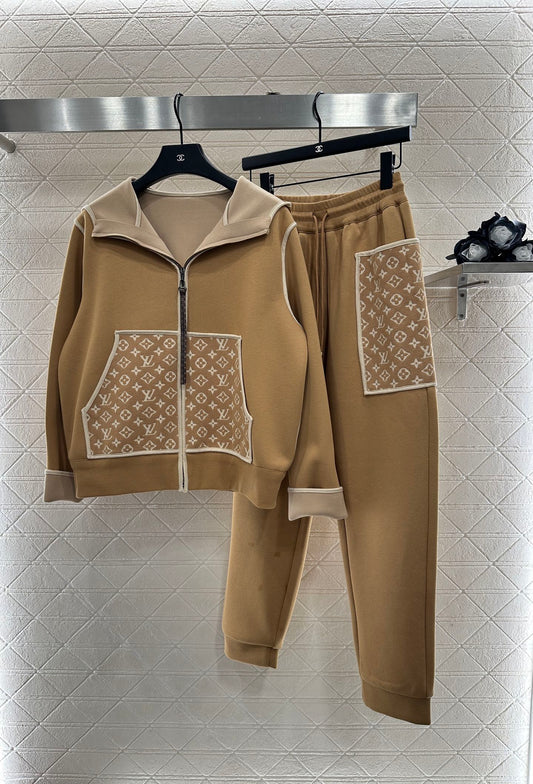 L 25 Hooded Jacquard Coat Pants Set(KHAKI/BLACK)