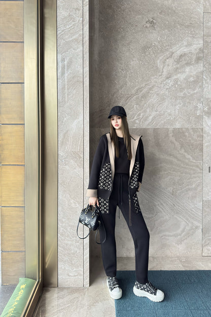 L 25 Hooded Jacquard Coat Pants Set(KHAKI/BLACK)