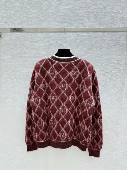 Gu 25 Vintage letter diamond grid round neck knitted wool cardigan
