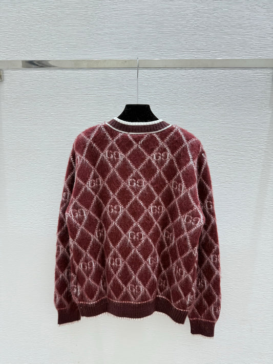 Gu 25 Vintage letter diamond grid round neck knitted wool cardigan
