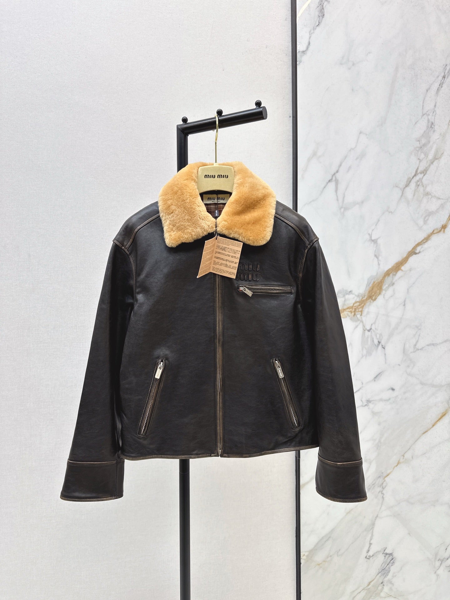 Mi 25 New fur collar motorcycle jacket sheepskin jacket(KHAKI/BLACK)