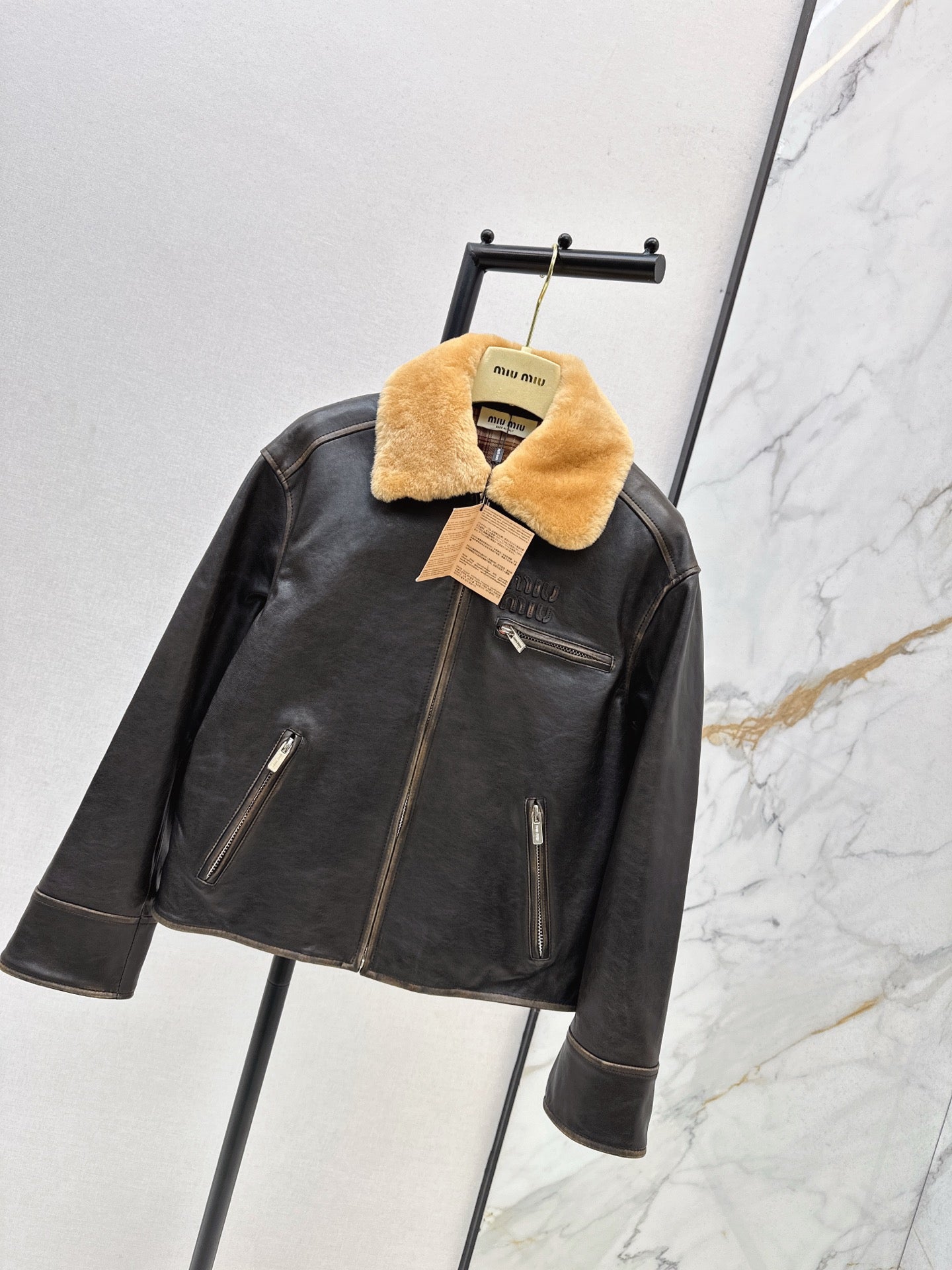 Mi 25 New fur collar motorcycle jacket sheepskin jacket(KHAKI/BLACK)