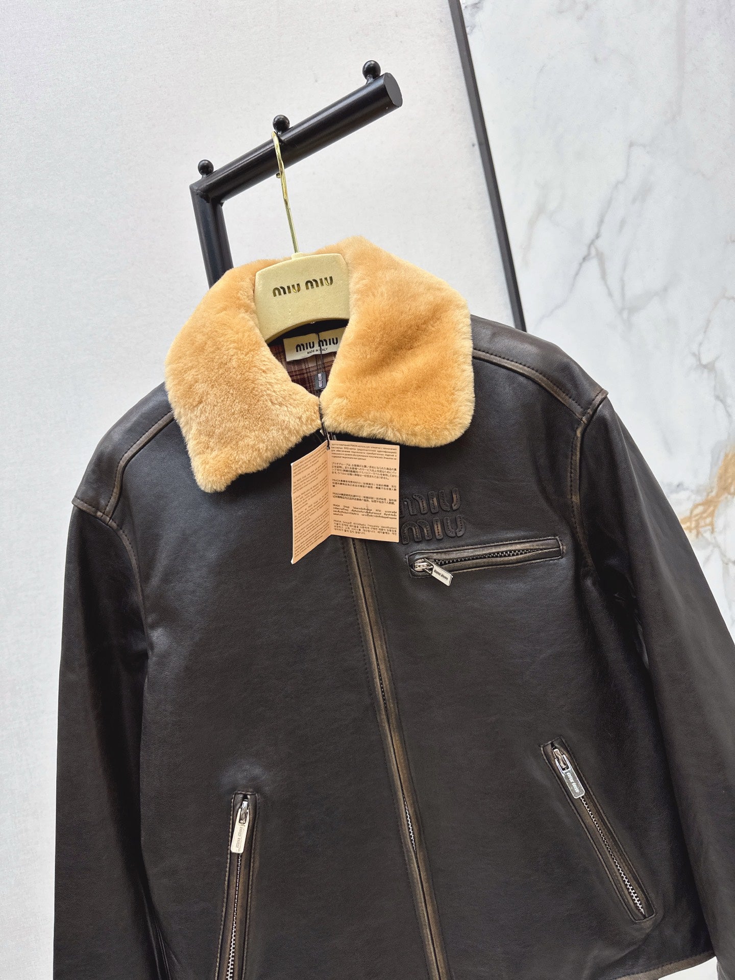 Mi 25 New fur collar motorcycle jacket sheepskin jacket(KHAKI/BLACK)