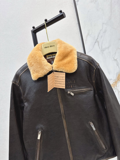 Mi 25 New fur collar motorcycle jacket sheepskin jacket(KHAKI/BLACK)