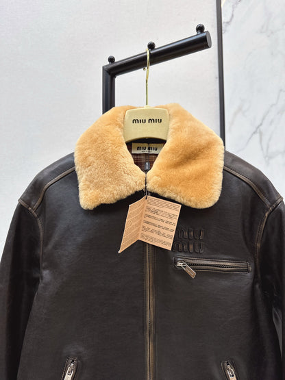 Mi 25 New fur collar motorcycle jacket sheepskin jacket(KHAKI/BLACK)