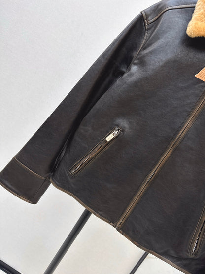 Mi 25 New fur collar motorcycle jacket sheepskin jacket(KHAKI/BLACK)