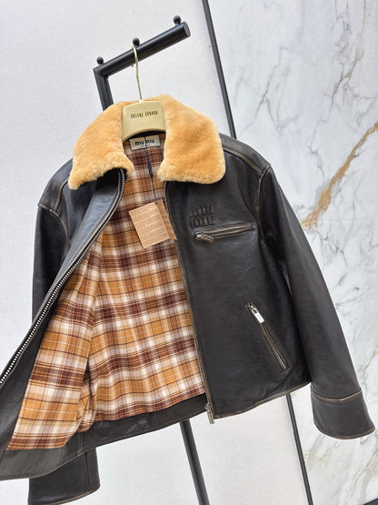 Mi 25 New fur collar motorcycle jacket sheepskin jacket(KHAKI/BLACK)